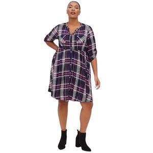 Torrid Plus Pink Blue Plaid Challis Button-Front Shirt Dress Size 1 (14/16)